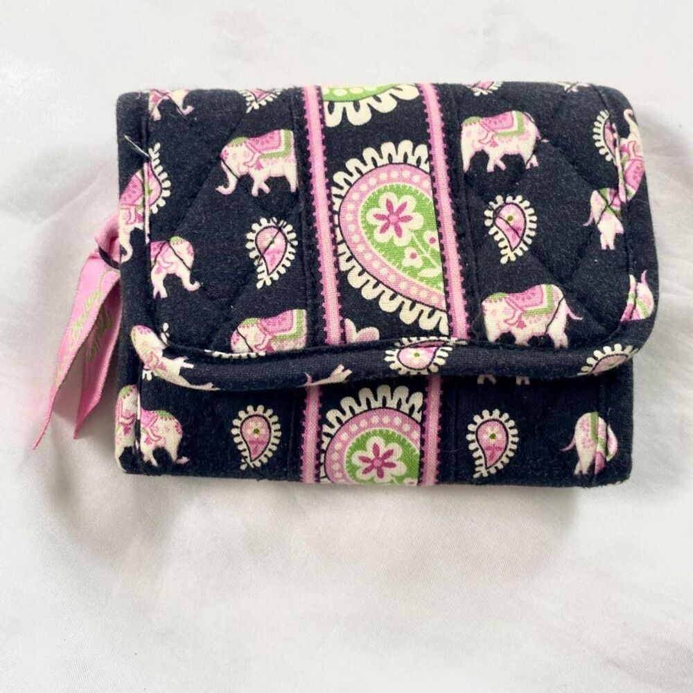 Vera Bradley Cotton Trifold Wallet retired Black Pink Elephant paisley pattern